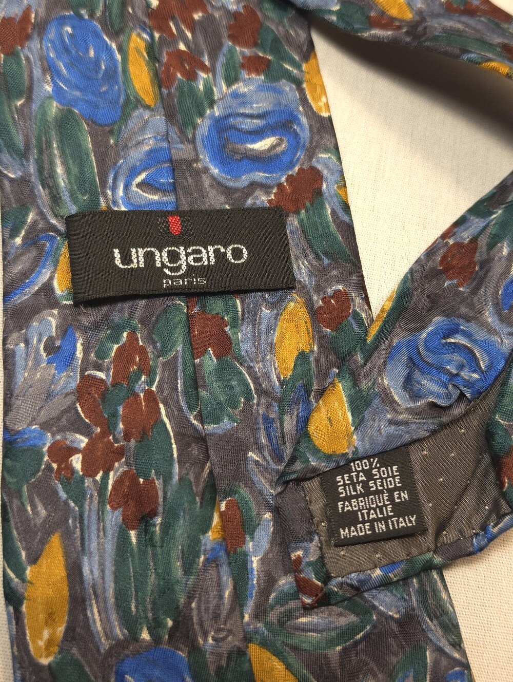 Emanuel Ungaro Floral Silk Tie in Gray, Blue, Green, Yellow, Brown - Picture 3 of 3
